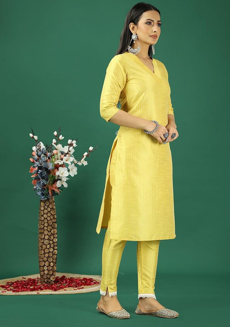 Yellow Striped Print Woven Poly Blend Kurta Set