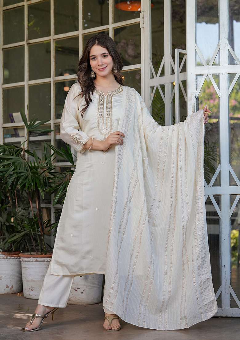 White Embroidered Chanderi Straight Kurta Set - Indya