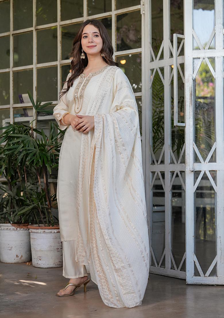 White Embroidered Chanderi Kurta Set