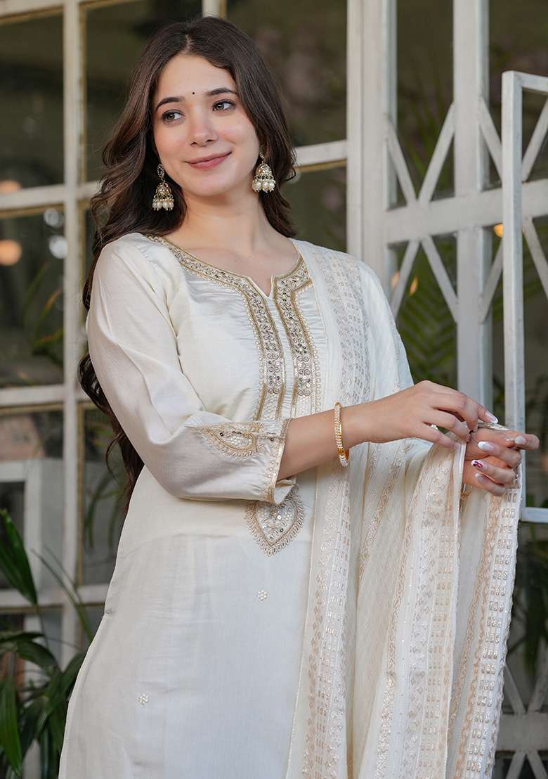 White Embroidered Chanderi Straight Kurta Set - Indya