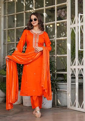 Orange Embroidered Chanderi Kurta Set