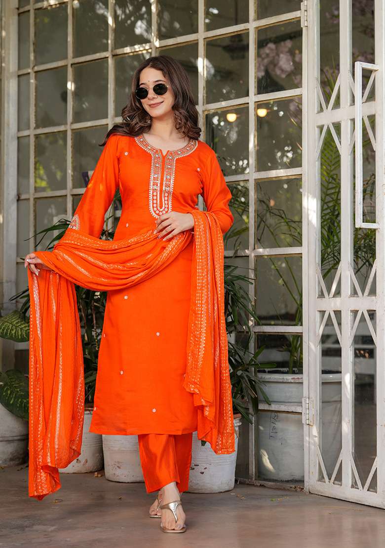 Orange Embroidered Chanderi Straight Kurta Set - Indya