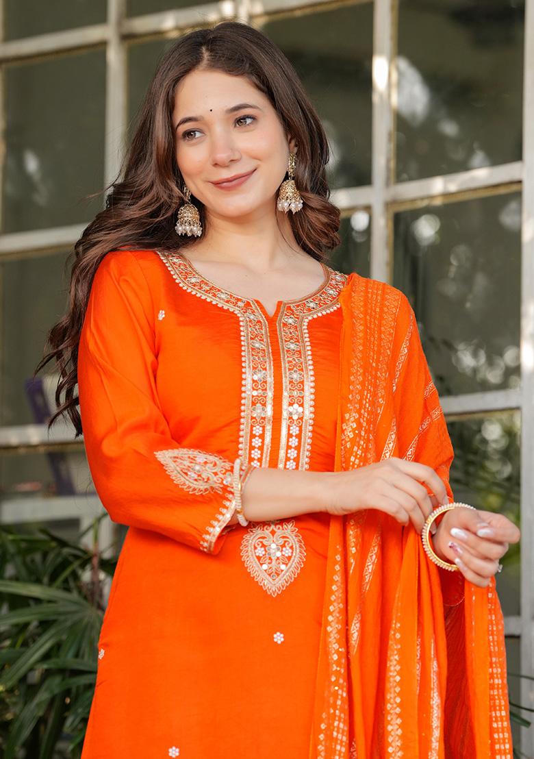 Orange Embroidered Chanderi Kurta Set