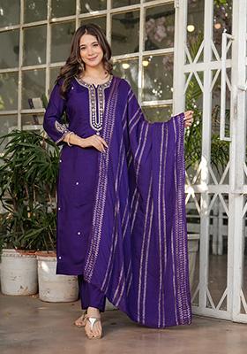 Purple Embroidered Chanderi Kurta Set