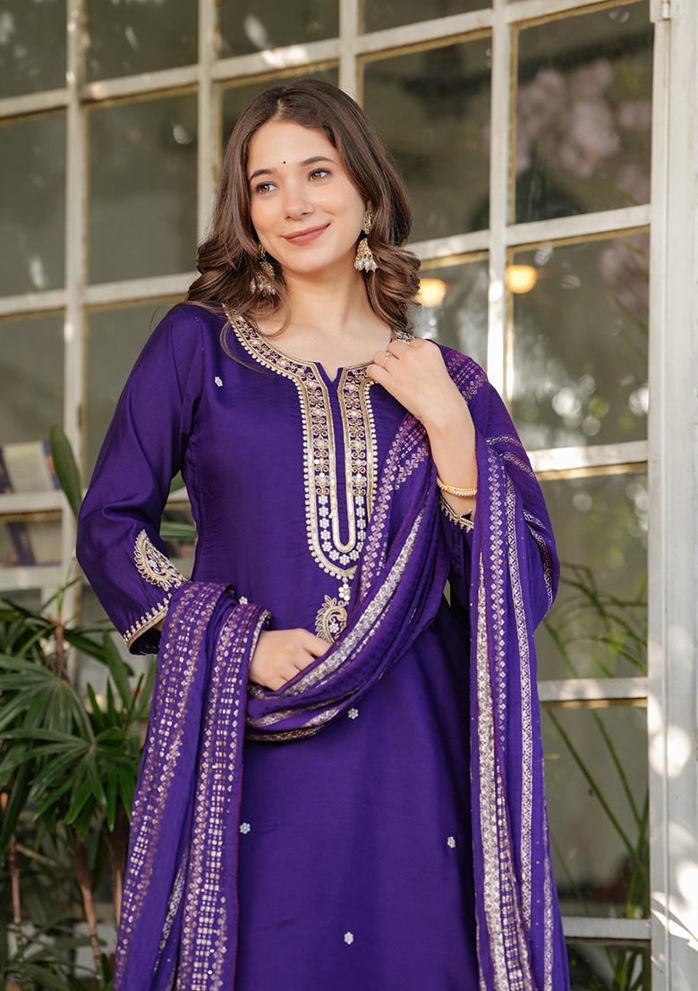 Purple Embroidered Chanderi Kurta Set