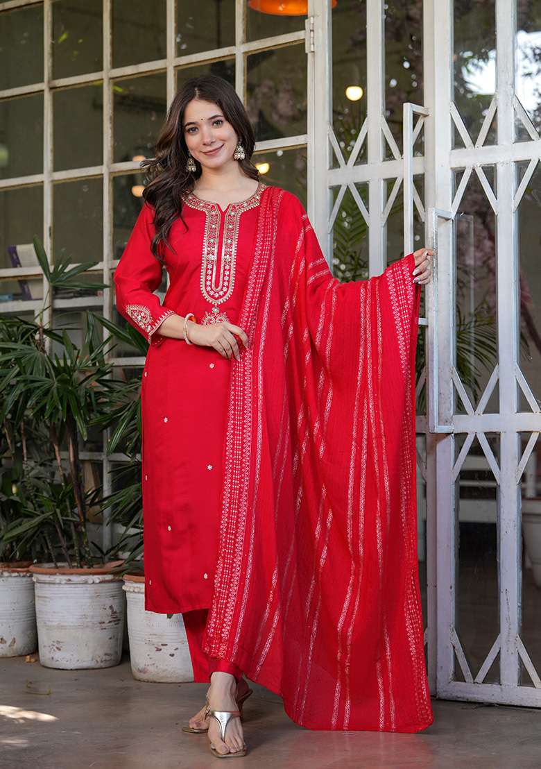 Red Embroidered Chanderi Straight Kurta Set - Indya