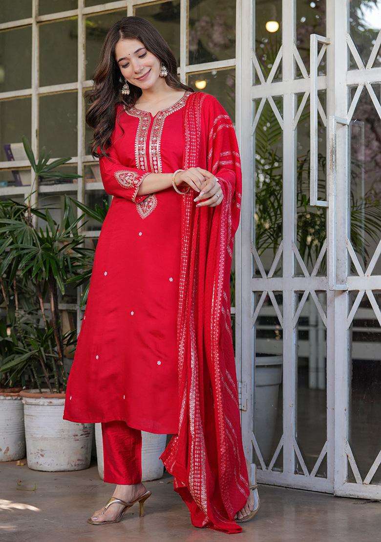 Red Embroidered Chanderi Kurta Set