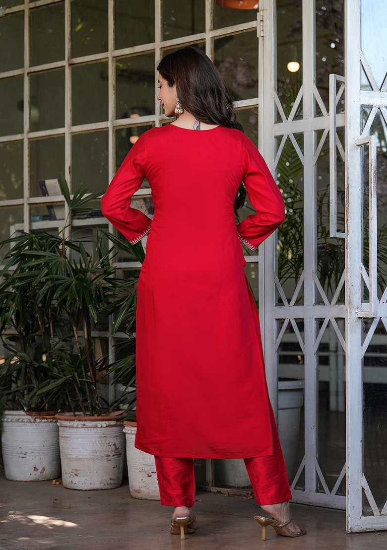 Red Embroidered Chanderi Straight Kurta Set - Indya