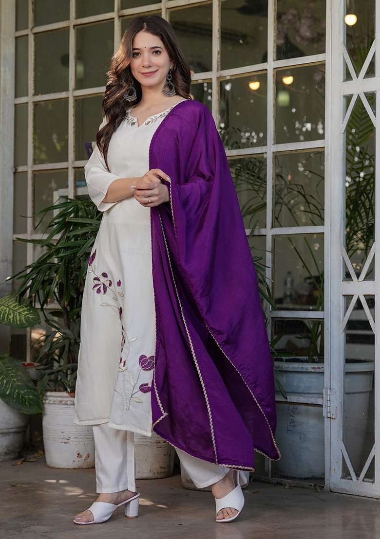 White Embroidered Viscose Straight Kurta Set - Indya