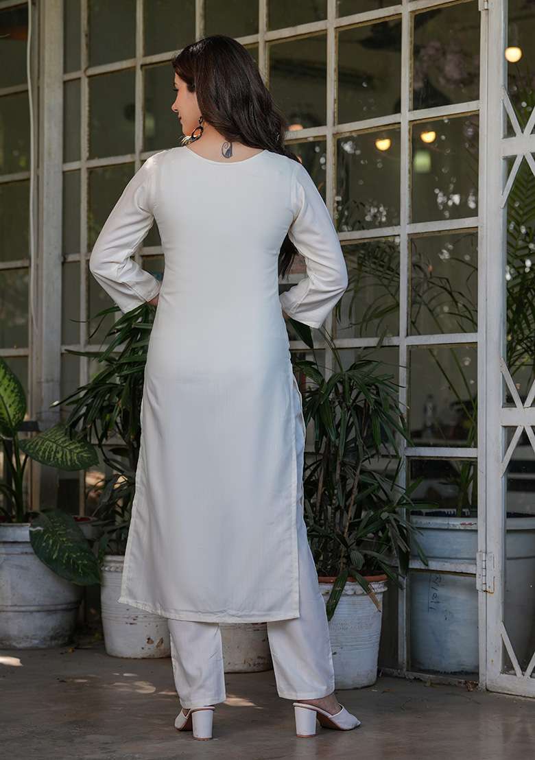 White Embroidered Viscose Straight Kurta Set - Indya
