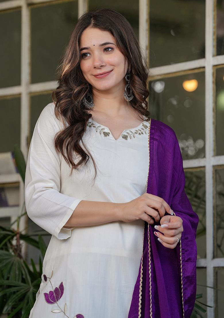 White Thread Embroidered Viscose Rayon Kurta Set