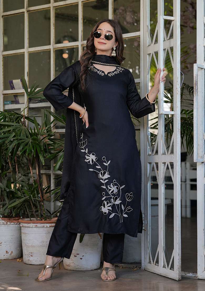 Black Embroidered Viscose Straight Kurta Set - Indya