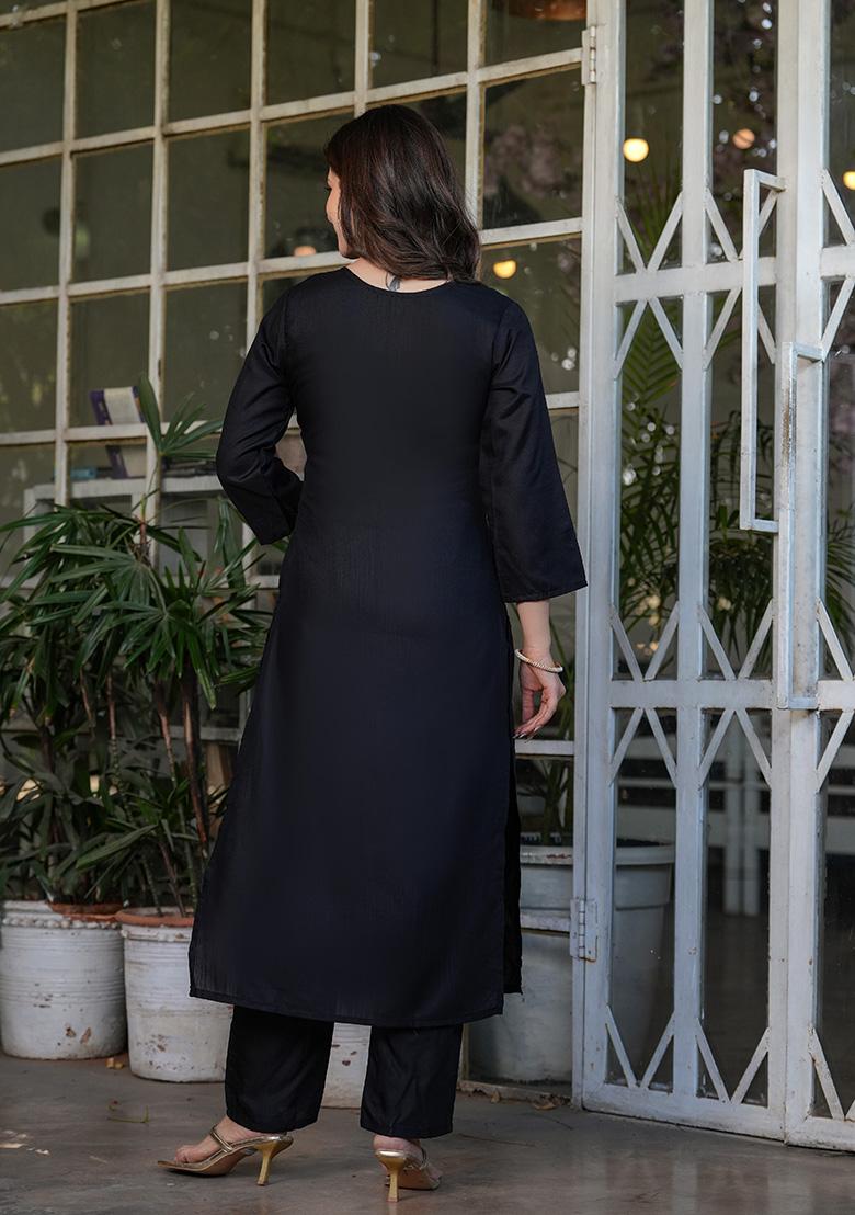 Black Thread Embroidered Viscose Rayon Kurta Set