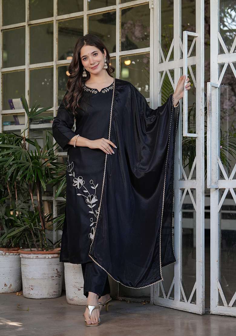 Black Embroidered Viscose Straight Kurta Set - Indya