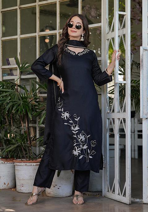 Black Thread Embroidered Viscose Rayon Kurta Set