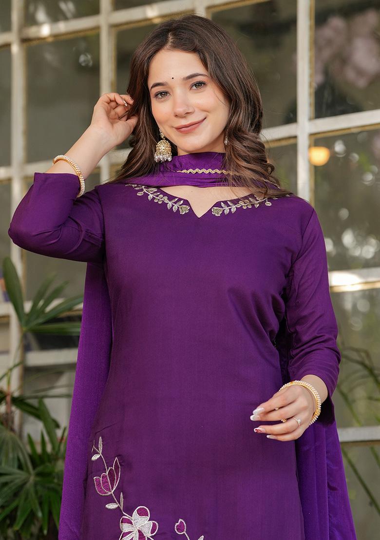 Purple Thread Embroidered Viscose Rayon Kurta Set