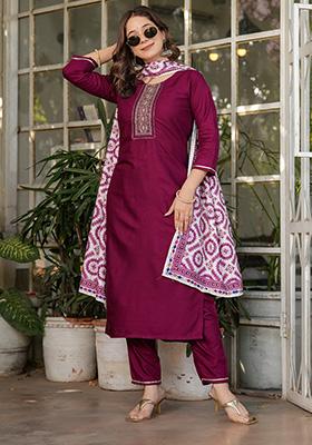 Maroon Embroidered Rayon Kurta Set