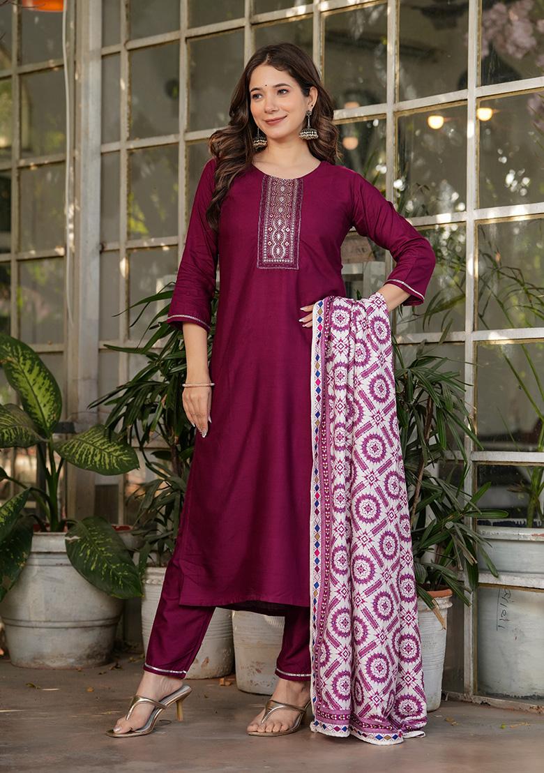 Maroon Embroidered Rayon Kurta Set