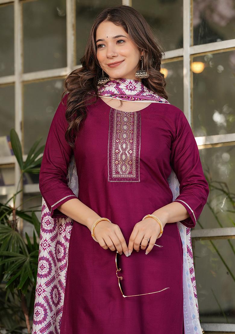 Maroon Embroidered Rayon Kurta Set
