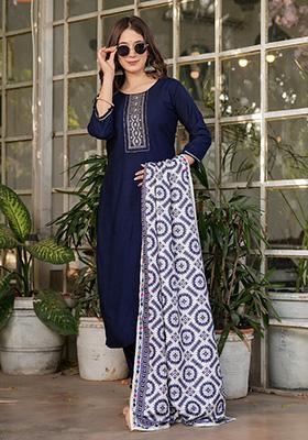 Navy Blue Embroidered Rayon Kurta Set