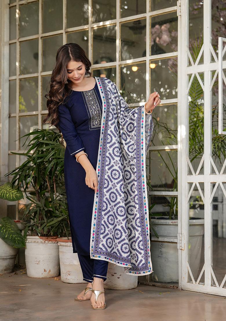 Navy Blue Embroidered Rayon Kurta Set
