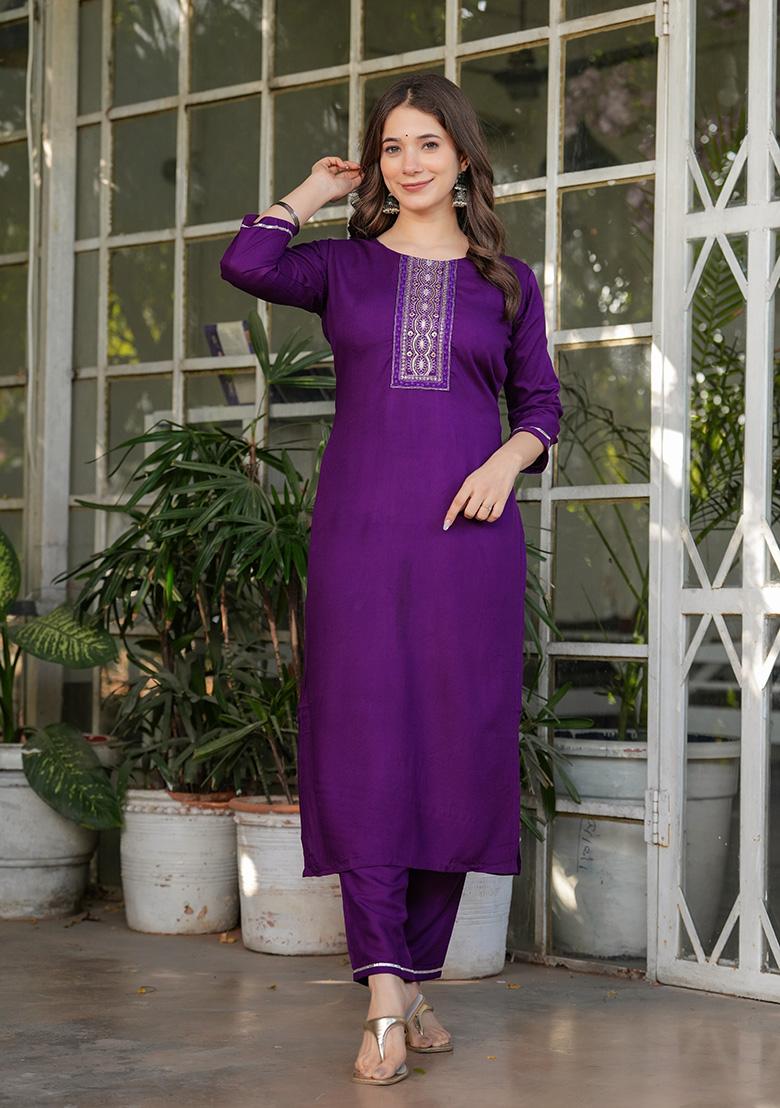 Purple Embroidered Rayon Kurta Set