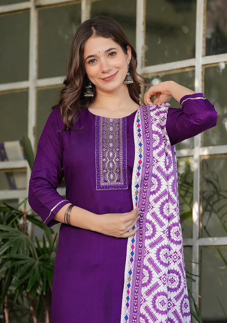 Purple Embroidered Rayon Kurta Set