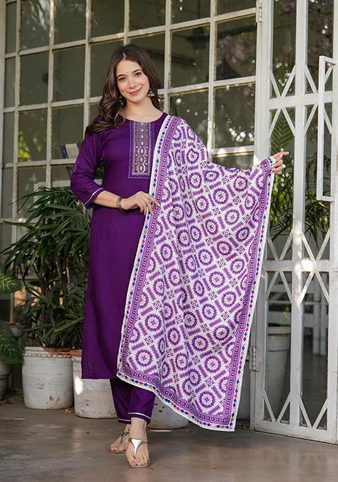 Purple Embroidered Rayon Kurta Set