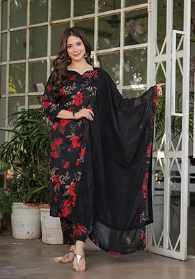 Black Printed Silk Blend Kurta Set