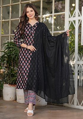 Black Printed Cotton Kurta Set