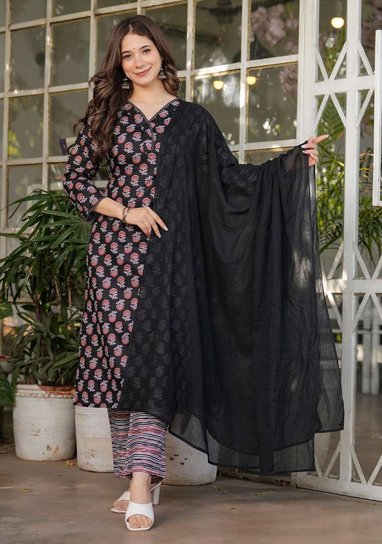 Black Floral Print Cotton Straight Kurta Set - Indya
