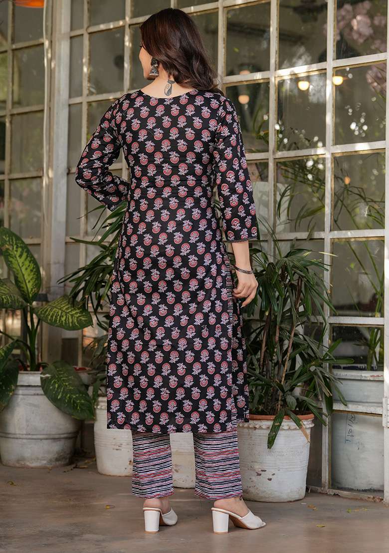 Black Floral Print Cotton Straight Kurta Set - Indya