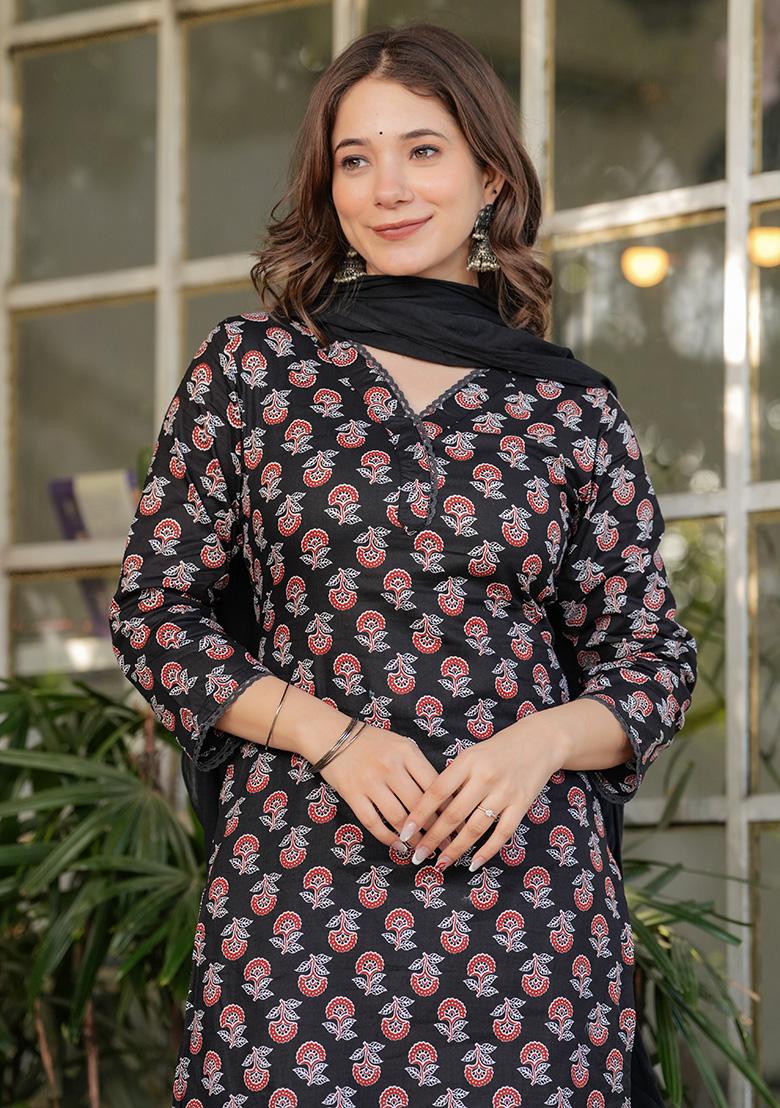Black Printed Cotton Kurta Set