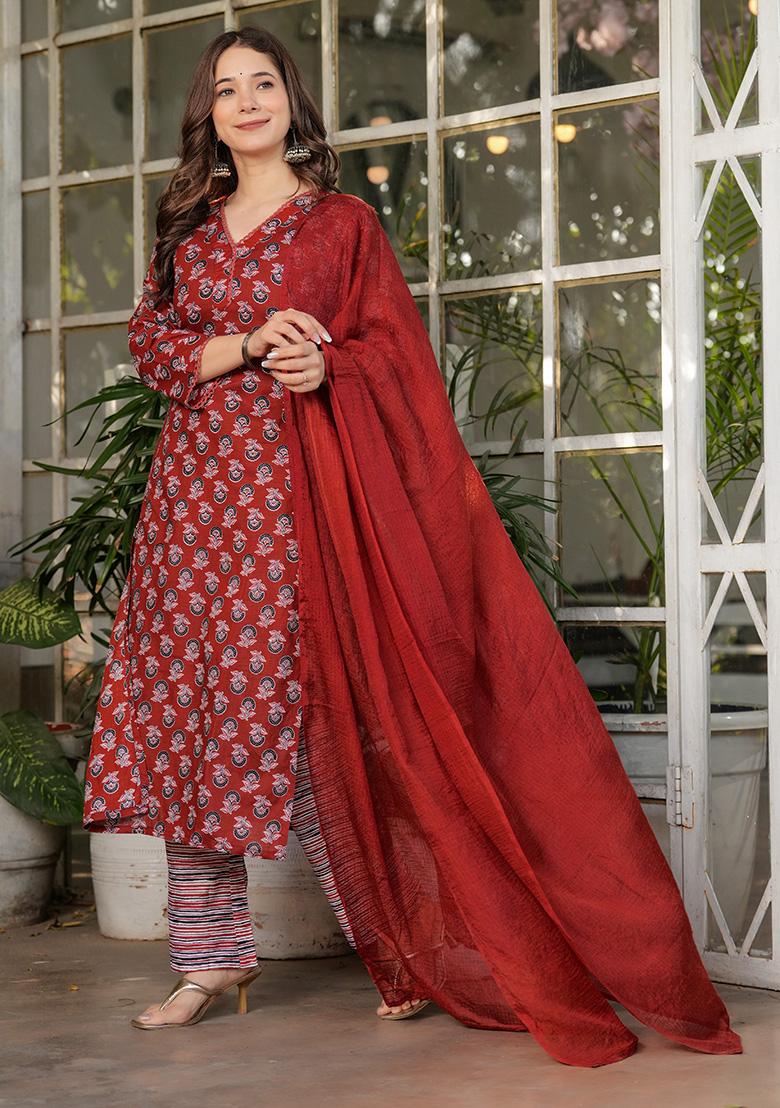 Red Printed Cotton Kurta Set
