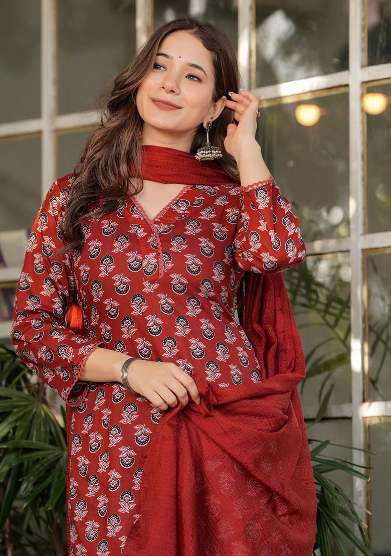 Red Printed Cotton Kurta Set