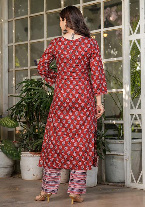 Red Printed Cotton Kurta Set