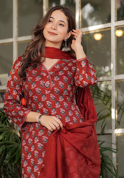 Red Printed Cotton Kurta Set