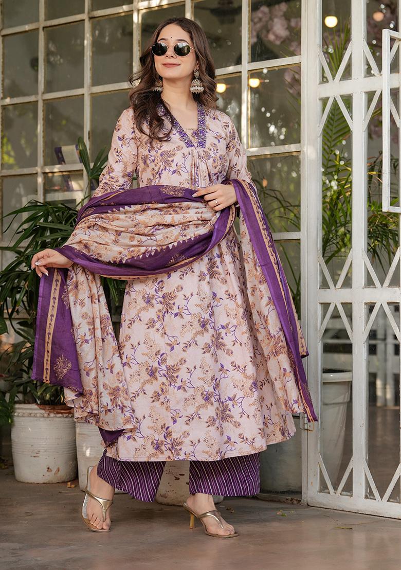 Cream Printed Chanderi Kurta Set