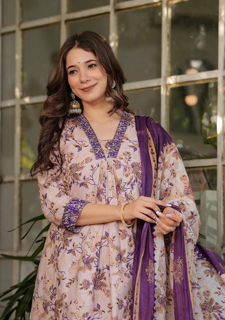 Cream Printed Chanderi Kurta Set