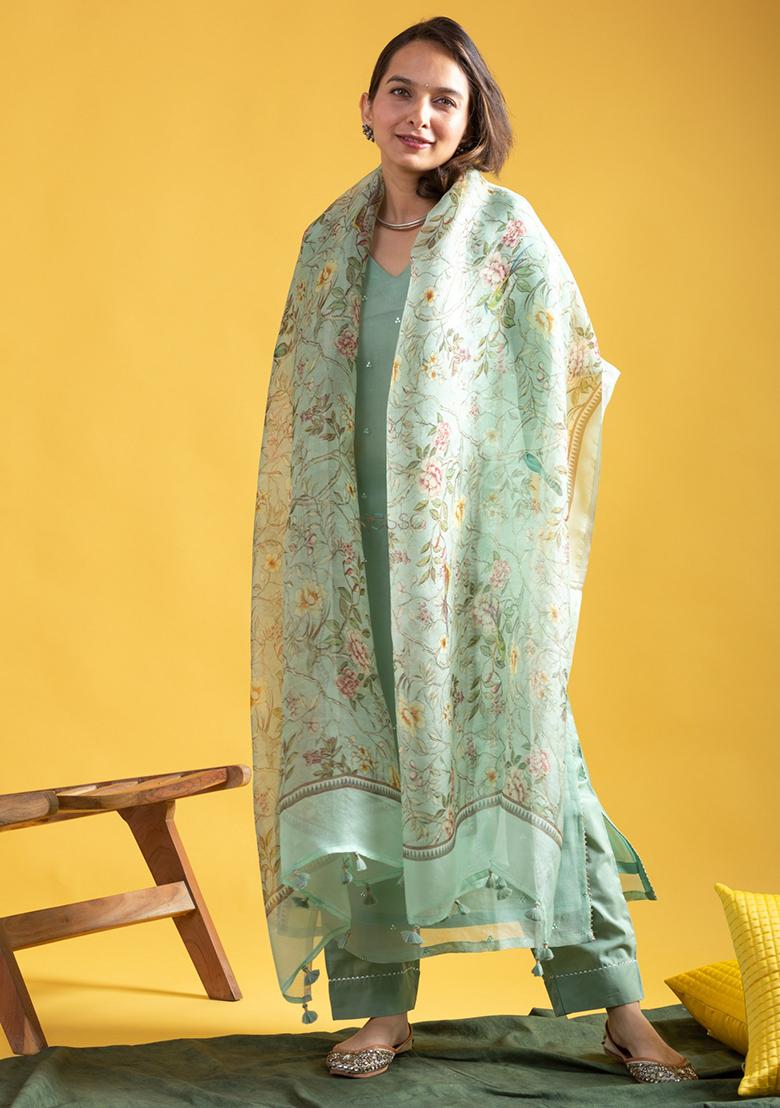 Pista Embroidered Chanderi Kurta Set