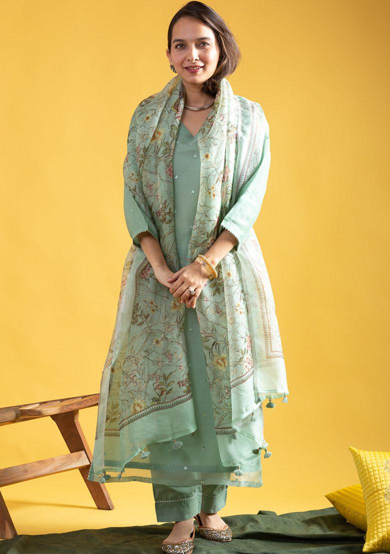 Pista Embroidered Chanderi Kurta Set