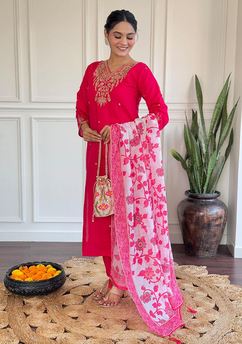 Rani Pink Embroidered Chanderi Cotton Kurta set