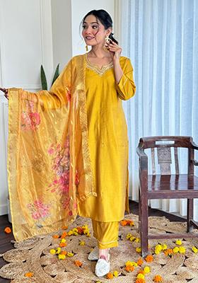 Mustard Embroidered Silk Kurta set