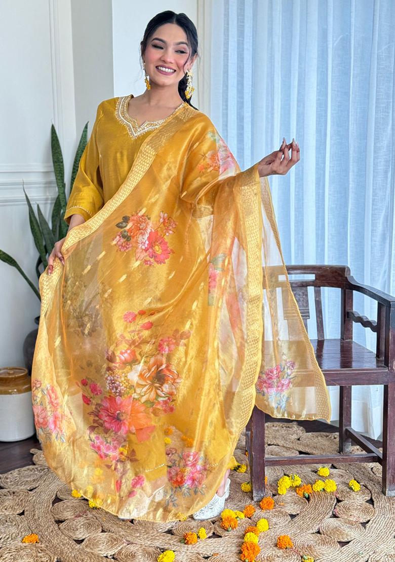 Mustard Embroidered Silk Kurta set