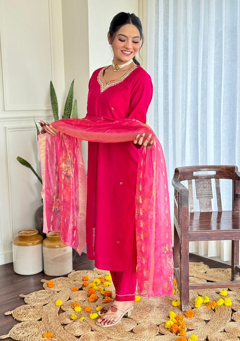 Rani Pink Embroidered Silk Kurta set