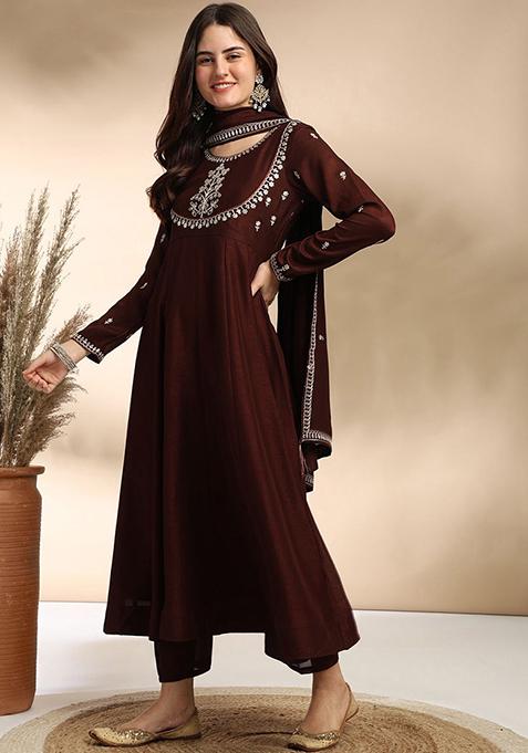 Buy Women Dark Coffee Embroidered Silk Kurta Set - XKS16146 - Kurta ...