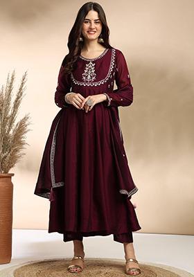 Wine Embroidered Silk Kurta set