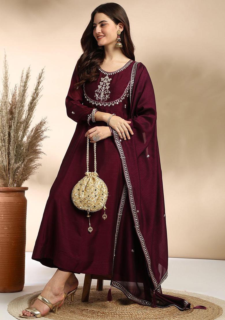 Wine Embroidered Silk Kurta set