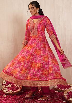 Orange & Pink Embroidered Chinon Kurta set