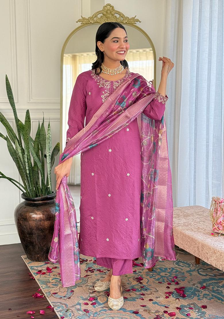 Purple Embroidered Viscose Kurta set